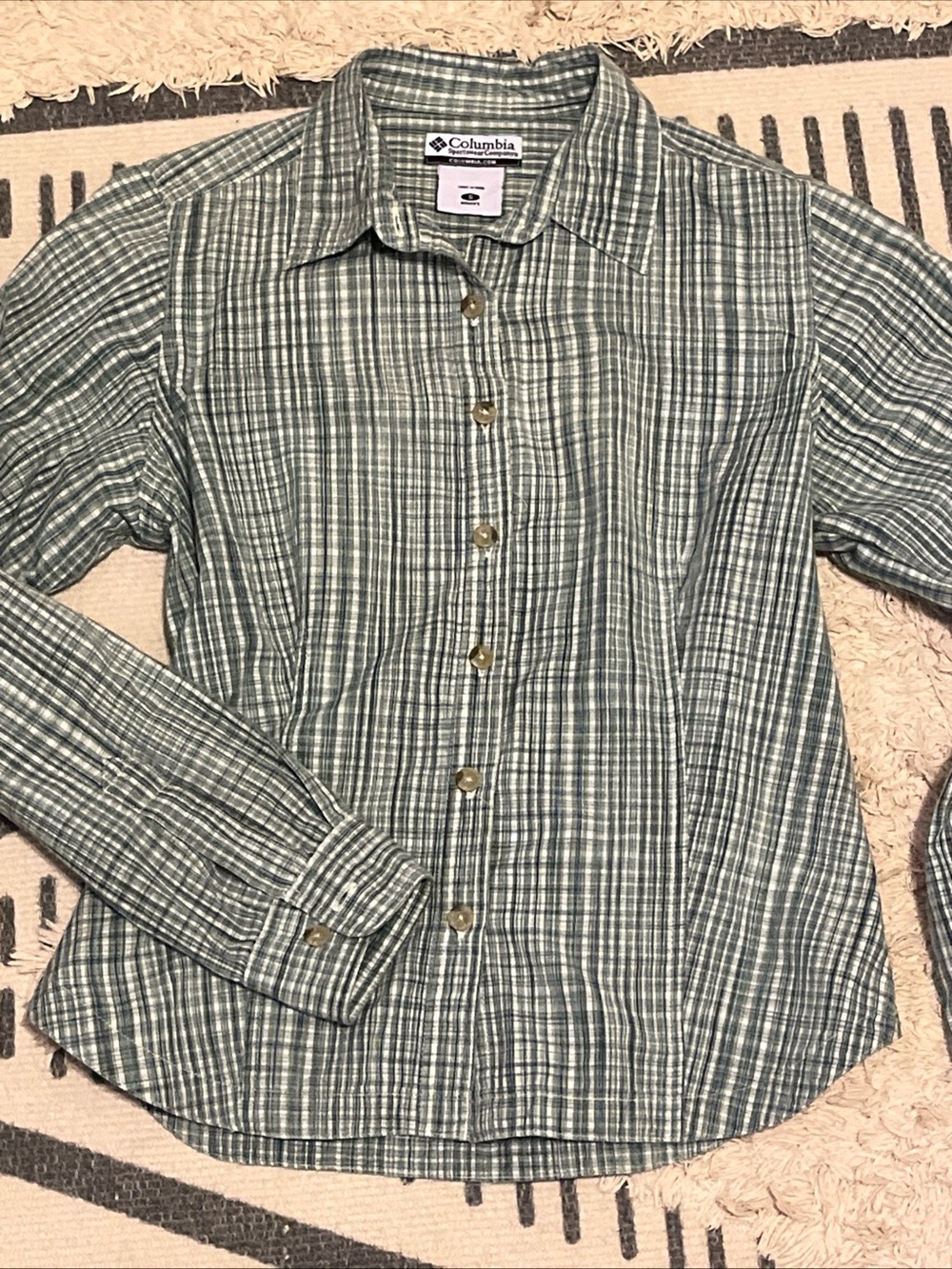 Columbia Green and White Plaid Long-Sleeve Button-Down Shirt
